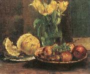 Lovis Corinth, Stillleben mit gelben Tulpen, apfeln und Grapefruit